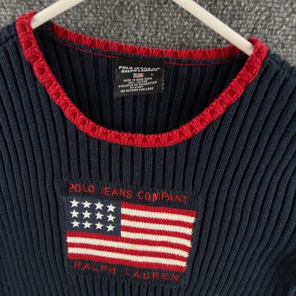 Polo Jeans Ralph Lauren Women Flag Sweater Rib Knit Large Short Sleeve Blue Red - Picture 4 of 13